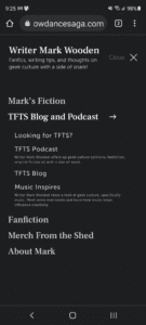 WriterMarkWooden.com mobile site menu for writer's podcast (podcast for writers)